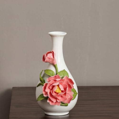 Handmade Pinched Flowers Ceramic Vase with One Ceramic Rose Flower, Home Decor Ceramic Vase for Dining Table, Living Room, Kitchen, Bedroom, Shelf, Office, Coffee Table, Restaurant & Fireplace Mantel - Thumbnail 5