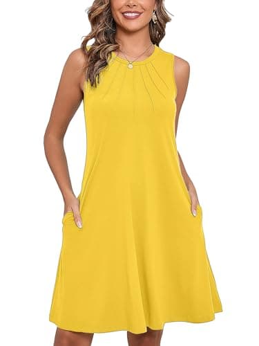 Heymoments Women Summer Dress Light Yellow Small Sleeveless Crew Neck Casual Cute Loose Fitting Tank Sundress Comfy Swing Midi Flowy A-line Trendy Beach Vacation Teacher Dresses with Pockets - Image 1
