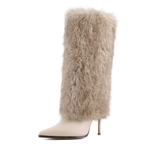 QIV Nude Fur Knee High Boots women Pointed Toe Stiletto Winter Fashion Tall Boot for Women Size 6 - Image 1