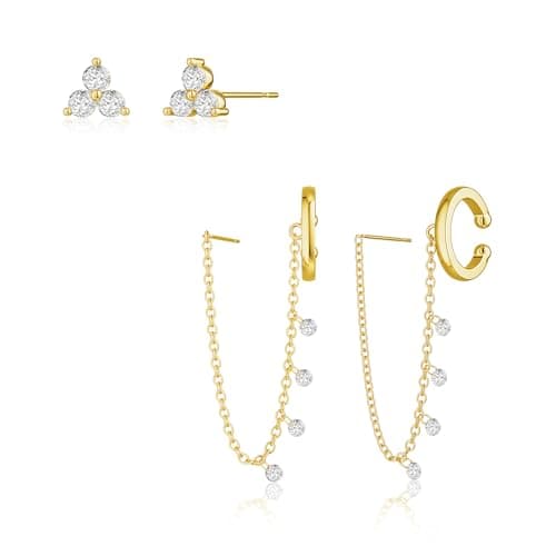 Poaiiu Gold Plated Earrings for Women Trendy, 14K Gold Chain Earrings Hoop Earrings Set for Multiple Piercing Dainty Hypoallergenic Dangle Cartilage Cubic Zirconia Stud Earrings Jewelry for Women - Image 1