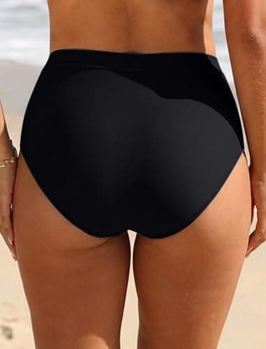 Arolina Black High Waisted Bikini Bottoms Plus Size Tummy Control Bathing Suit Bottoms Ruched Full Coverage Retro Bikini Shorts - Thumbnail 2