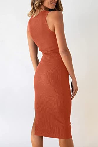 PRETTYGARDEN Women's Summer Midi Bodycon Dresses Casual Crew Neck Side Slit Sleeveless Knit Cut Out Tank Top Dress (Brick Red,Medium) - Thumbnail 5