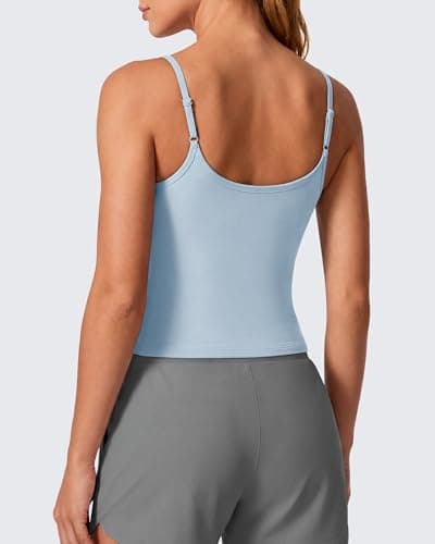 G4Free Pilates Cami with Shelf Bra Spaghetti Strap Fitted Tank Tops Workout Yoga Athletic Ballet Camisole Built in Bra (Light Denim,M) - Thumbnail 2