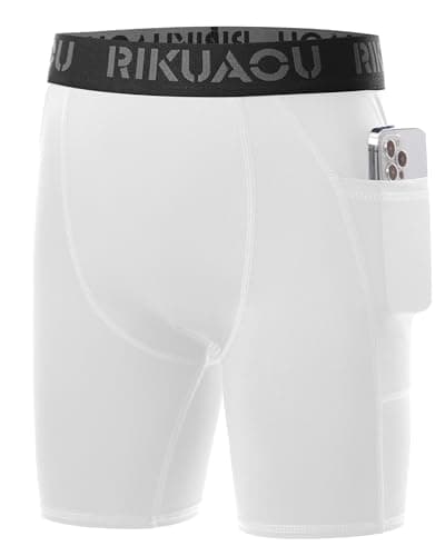 RIKUAOU Youth Boys Compression Shorts with Side Pockets, Kids Athletic Base Layers Running Underwear for Baseball Football White - Image 1
