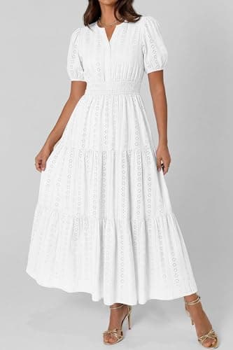PRETTYGARDEN Womens Summer Maxi Dresses 2026 Casual Puff Sleeve V Neck Smocked Flowy Eyelet Cotton Dress Spring Sundress(White,XX-Large) - Thumbnail 5