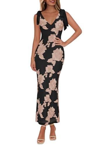 Lazysmile Womens Floral Embroidered Maxi Dress Sleeveless V Neck Tie Strap Ribbon Flower Mesh Party Cocktail Dresses - Image 1