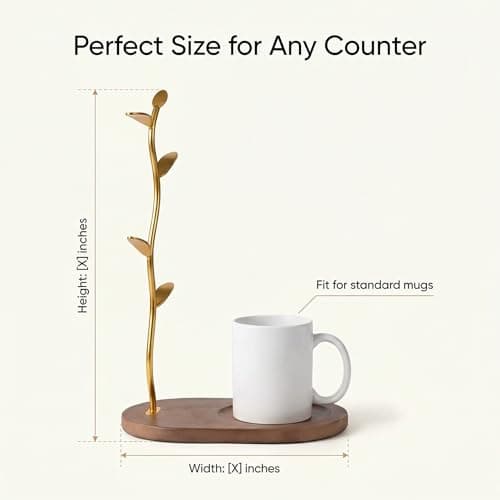 ZOESEEK Gold Coffee Mug Tree with Wooden Base, 5-Hook Coffee Mug Stand for Kitchen Counter, Elegant Metal Mug Tree for Counter, Mug Holder for Coffee Mugs, Tea Cups, Home Decor & Housewarming Gift - Thumbnail 3