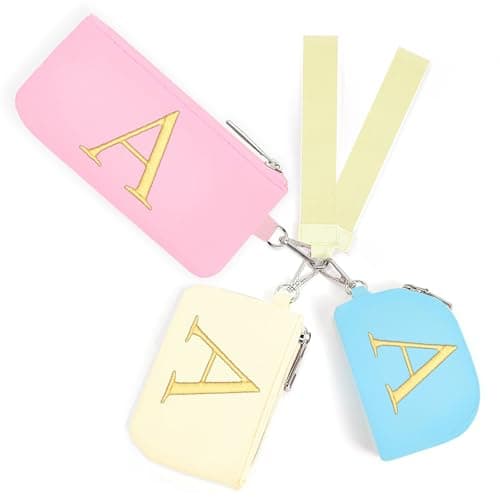 Mini Zip Around Keychain Wristlet Wallets for Women and Girls: Three Coin Purses with 2 Straps - Best Gifts for Birthdays, Christmas, Wedding Parties, Valentine's Day, New Year (A, Blue&Pink&Cream)
