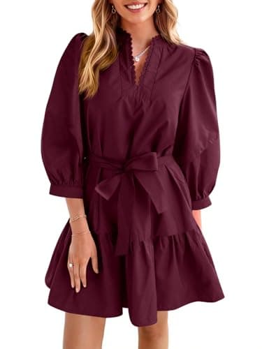 Cicy Bell Womens Puff 3/4 Sleeve Mini Dresses Bow Tie Waist V Neck Casual Trendy Ruffle Tiered Short Dress - Image 1