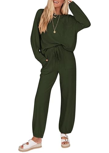 KIRUNDO Lounge Sets for Women 2026 Spring Airport Travel Outfits Ribbed Knit Tops Jogger Pants Tracksuit Postpartum Comfy Set(Army Green, Large) - Image 1
