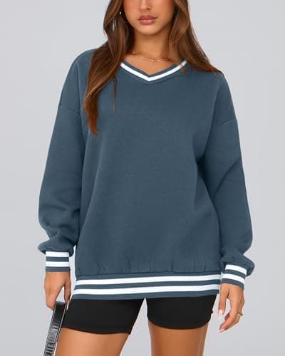PRETTYGARDEN Women's Oversized Sweatshirts Casual Long Sleeve Stripes Knit V Neck Pullover Top Spring Preppy Clothes(Grey Blue,XX-Large) - Thumbnail 4