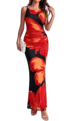 BTFBM Women Floral Cocktail Wedding Guest Dress Summer Spring 2026 Twist Strap Bodycon Mesh Beach Vacation Maxi Dresses(Floral Black Red, Small) - Image 1