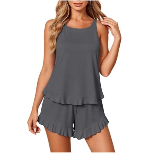 Tank Top Pajamas Set for Women, Ruffle Hem Cami And Shorts Set Crew Neck Sleeveless Women's Sleepwear, Lightweight Soft Comfy Summer 2 Piece Womens Loungewear Dark Gray S - Image 1