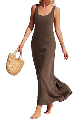 BTFBM Satin Dress Sleeveless Scoop Neck Summer Dresses for Women Elegant 2026 Loose Party Sundresses Fashion Clothing(Brown, Medium) - Image 1