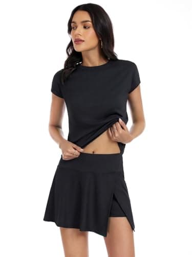 YOINS Summer 2 Piece Outfits for Women Short Skirt Sets Casual Workout Short Sleeve Tshirt and Skorts Matching Sets Black XXL - Thumbnail 2