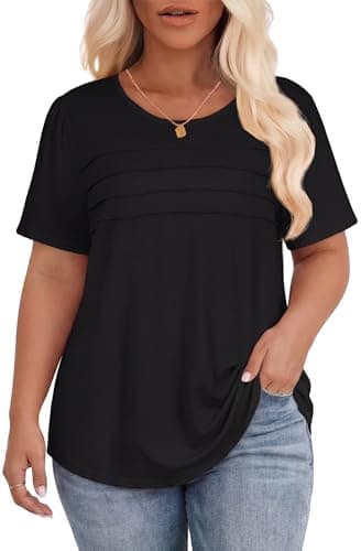 Short Sleeve Tops Womens T Shirts Blouses Dressy Casual Pleated Front Loose fit Outfit 2026, Black Color, L