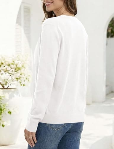 LaGracia Cardigan Sweaters for Women Long Sleeve V-Neck Wool Blend Lightweight Button Sweater Spring Tops White L - Thumbnail 3