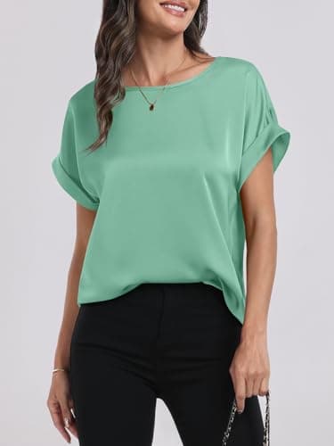 ANRABESS Women's Summer Dressy Casual Short Sleeve Shirts Crewneck Satin 2026 Business Office Work Blouse Tops Light Green Large - Thumbnail 5