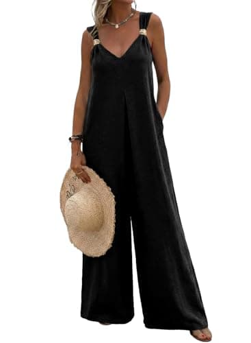 Acelitt Womens Casual 2026 One Piece Jumpsuits Dressy Fashion Fall V Neck Sleeveless Loose Wide Leg Long Pant Rompers Outfits Black Small - Image 1