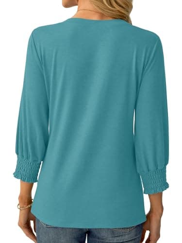 GKBK Womens 3/4 Sleeve Shirts V Neck Dressy Casual Spring Summer Blouses with Smocked Cuffs - Thumbnail 3