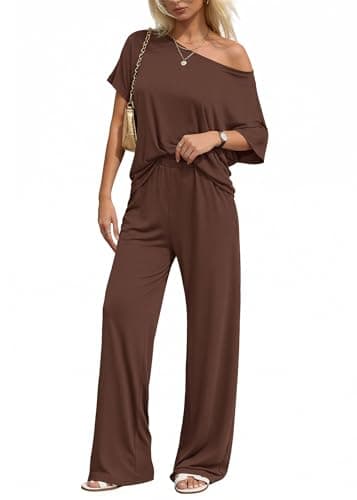 KIRUNDO Lounge Sets for Women Airport Travel Outfit 2026 Summer Off the Shoulder Tops Wide Leg Pants 2 Piece Matching Set(Brown, Small) - Image 1