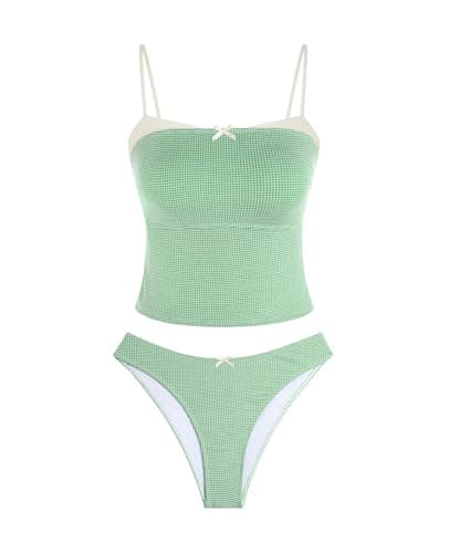 ZAFUL Womens Tankini Swimsuits Vintage Y2K Two Piece Bathing Suit 2026 Beach High Cut Tankini Set Swimwear,Plaid Green,L