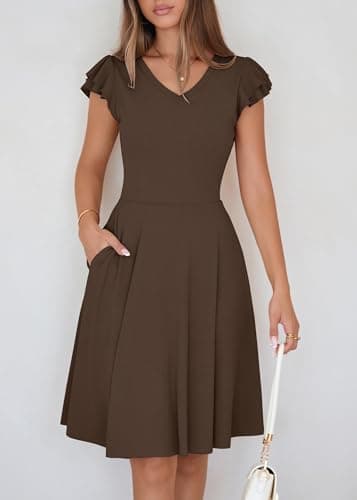 Lazysmile Summer Dresses for Women Ruffle Short Sleeve V Neck A Line Swing Ribbed Knit Casual Mini Short Dress Brown - Thumbnail 4