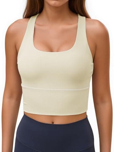 Aoysky Womens Racerback Sport Bra Workout Tank Tops Sleeveless Ribbed Athletic Yoga Tops with Built in Bra Apricot - Image 1