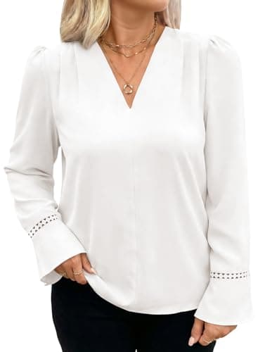 Eytino Plus Size Tops for Women Dressy Casual Pleated V Neck Long Sleeve Business Work Office Chiffon Blouses Shirts,2X White - Image 1