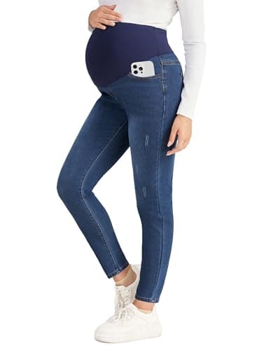 BRATUC Maternity Jeans for Women Stretchy Skinny Maternity Pants Comfy Slim Pregnancy Denim Pants with Pockets (Small Blue) - Thumbnail 5