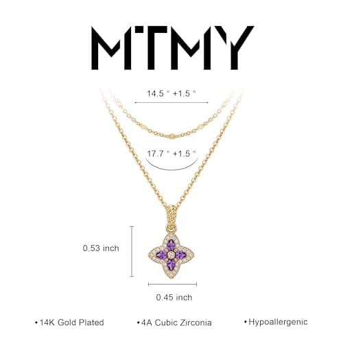 MTMY Layered Gold Necklace for Women, 14K Gold Plated Dainty Removable Purple Four Leaf Clover Pendant Necklace Lucky Jewelry Gift - Thumbnail 6