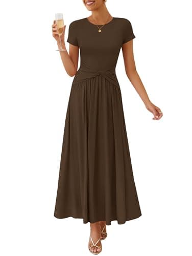 ZESICA Women's 2026 Summer Short Sleeve Maxi Dresses Twist Front Wedding Guest Cocktail Flowy A Line Long Dress Brown Small - Image 1