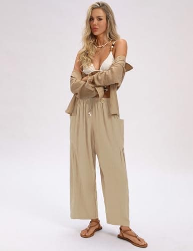 LOMON Womens Wide Leg Pants Linen Palazzo Summer Flowy Pants Drawstring Harem Pants Beach Travel Vacation Pants(Apricot,M) - Thumbnail 4