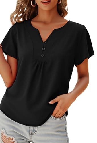 Angashion Women's Summer Tops Casual Floral Print V Neck Ruffle Short Sleeve Loose Tunic T Shirt Blouse 03B L
