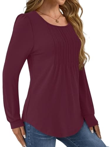 GKBK Women Long Sleeve Shirts Fall Tops Dressy Pleated Scooped Neck Tunic Tops for Leggings Wine Red L - Thumbnail 3