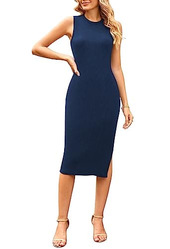 Pink Queen Women's Elegant Bodycon Tank Sundress Sleeveless Slim Fitted Ribbed Knit Vacation Midi Dresses Blue M - Image 1