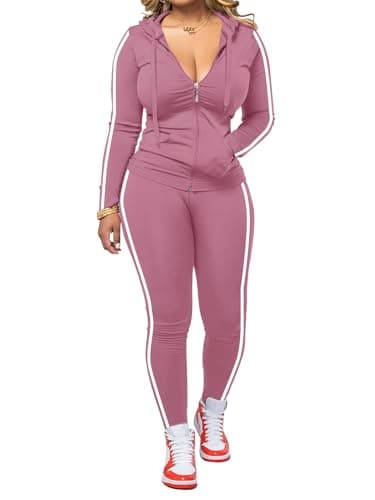 Hakubeby Women 2 Piece Outfits Casual Workout Sets Striped Bodycon Tracksuit Zip Up Long Sleeve Hoodle Jacket Jogger Pant Set Pink S - Image 1