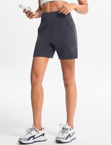 Cyasundent Women's Athletic Shorts with Zipper Pocket 6" High Waisted Bermuda Shorts for Women Workout Walking Running(Dark Grey_S) - Thumbnail 4