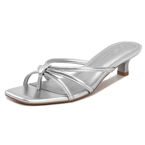 Athlefit Silver Heels for Women Square Toe Strappy Kitten Heel Thong Sandals Slip On Dress Flip Flop Low Heels for Prom Size 9