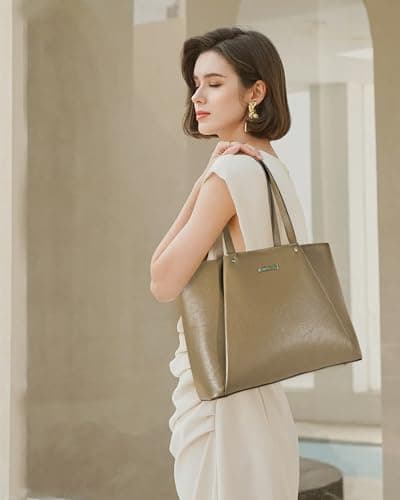 Blofinche Women's Leather Tote Bag Professional Elegant, Large Capacity Laptop Bag 15.6 Inch, Structured Work Purse with Shoulder Strap for Travel Commuter, Nude - Thumbnail 2