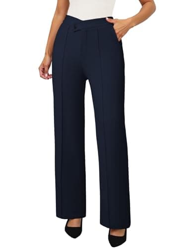Pink Queen High Waist Dress Pants for Women Business Casual Crossover Elastic Waist Wide Leg Work Pants for Women Straight Leg Flat Front Long Trousers Stretchy Office Slacks for Work Dark Blue S - Image 1
