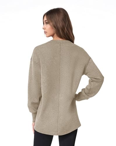 COCOMARTS Womens V Neck Sweatshirts Long Sleeve Casual Shirts Pullover Comfy Tunic Tops 2025 Fall Fashion Outfits Clothes Khaki Medium - Thumbnail 3
