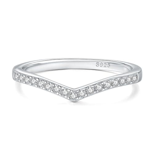 HYLYLEED Moissanite V Shaped Wedding Band 925 Sterling Silver 18K White Gold Plated Rings for Women Ladies Engagement Eternity Ring Thin Stackable, V Shape, Size 8 - Image 1