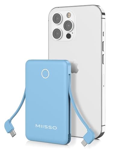 6000mah Ultra Slim Built in Cables Power Bank, Card Size Built in USB C Cords Battery Pack Portable Charger for Phones, 3 Output External Battery Pack Compatible with iPhone, Blue - Image 1