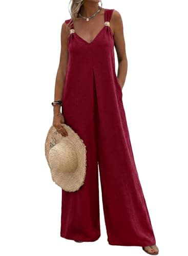 Acelitt Women's Casual 2026 One Piece Jumpsuits Dressy Fashion Spring V Neck Sleeveless Loose Wide Leg Long Pant Rompers Outfits Red Large - Image 1