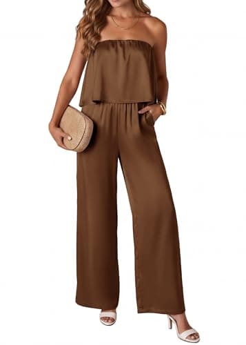 KIRUNDO Jumpsuits For Women Dressy 2026 Summer Satin Strapless Romper Flowy Tube Top Spring One Piece Vacation Outfits(Brown, XX-Large) - Image 1