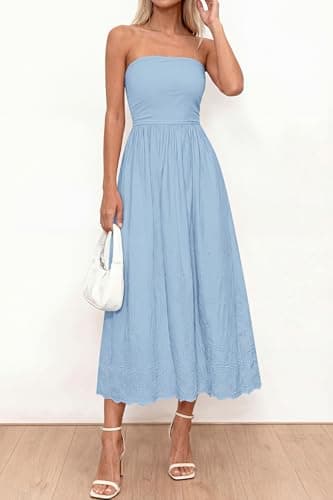 PRETTYGARDEN Womens Summer Dresses 2026 Sexy Sleeveless Tube Top Long Dress Eyelet Cotton Maxi Beach Sundress Pockets(Light Blue,XX-Large) - Thumbnail 3