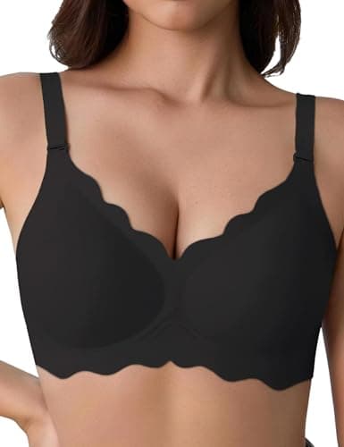 Tarbo Women Comfortable Bras Jelly Wireless Bra Seamless Push Up Support and Lift Bralettes Full Coverage Scalloped Edge T Shirts Sleep Bralette Black M - Image 1