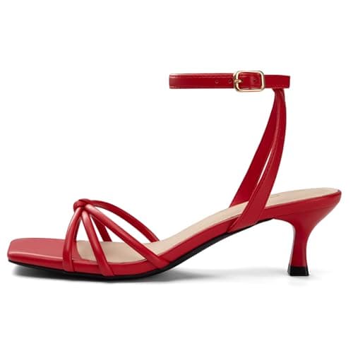 Athlefit Kitten Heels for Women Red Square Open Toe Strappy Low Heels Ankle Strap Summer Sexy Party Dress Sandals Size 8.5 - Thumbnail 4