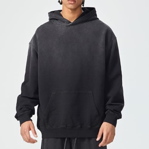 BLECIDENS Mens Oversized Acid Wash Hoodie Sweatshirt for Unisex,Heavyweight Vintage Cotton Pullover Streetwear Black - Thumbnail 2